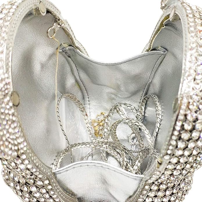 Silver teddy bear-shaped Crystal Clutch with rhinestones opened against a white background