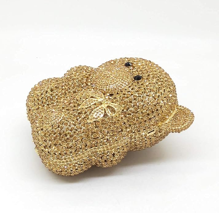 golden teddy bear-shaped  crystal clutch bag with crystal embellishments on a white background