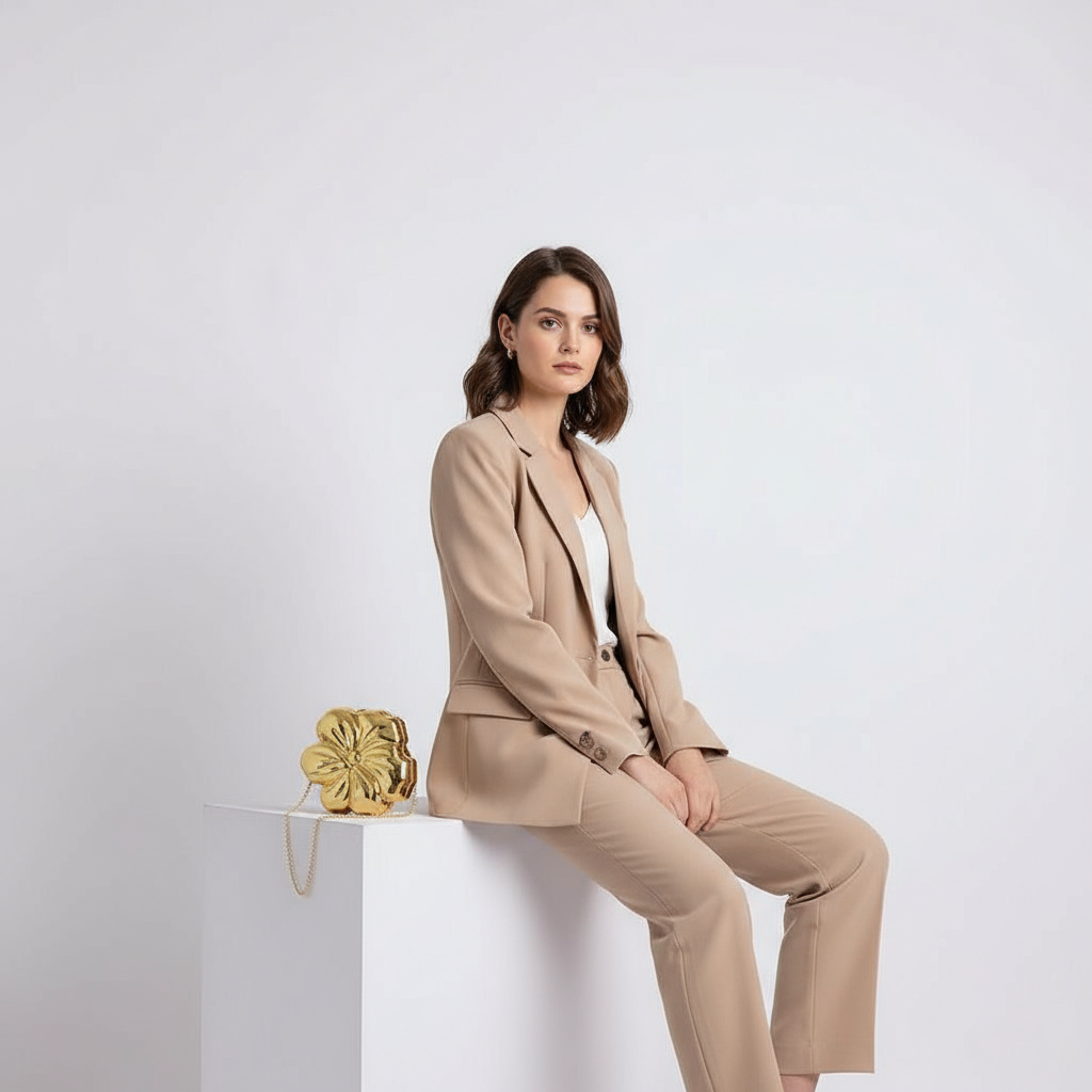 A woman in a chic beige pantsuit sitting on a white stool with the gold Bloom Bling acrylic handbag. The bag is shaped like a metallic four-petal flower, serving as a unique statement accessory.
