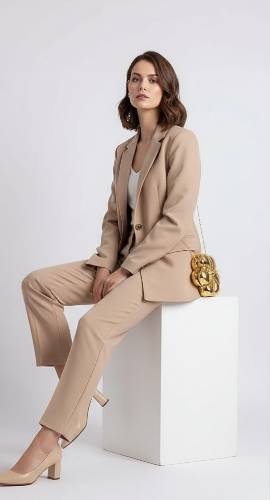 A woman in a chic beige pantsuit sitting on a white stool while wearing the gold Bloom Bling acrylic handbag. The bag is shaped like a metallic four-petal flower, serving as a unique statement accessory.
