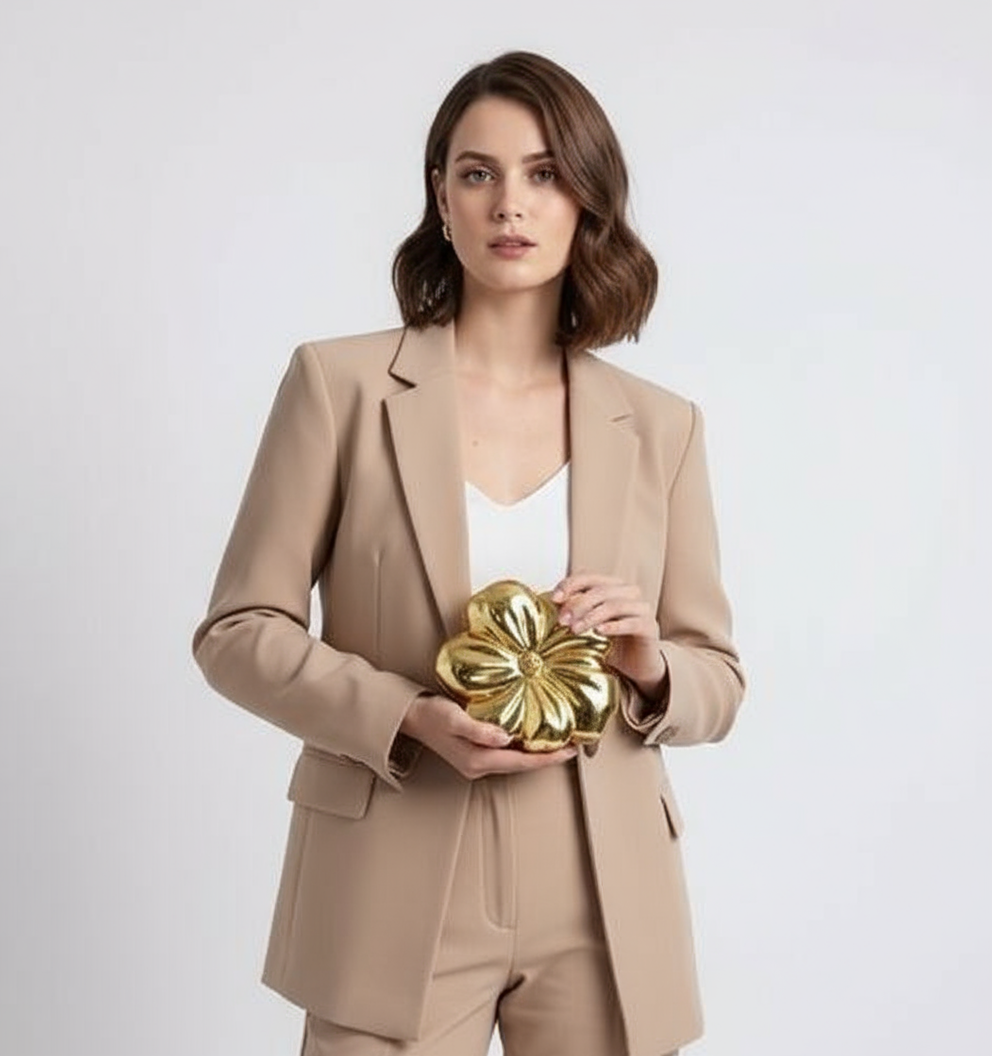 A woman in a chic beige pantsuit holding the gold Bloom Bling acrylic handbag. The bag is shaped like a metallic four-petal flower, serving as a unique statement accessory.