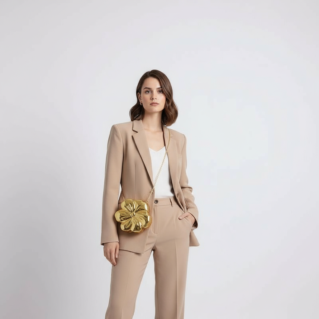 A woman in a chic beige pantsuit wearing the gold Bloom Bling acrylic handbag. The bag is shaped like a metallic four-petal flower, serving as a unique statement accessory.