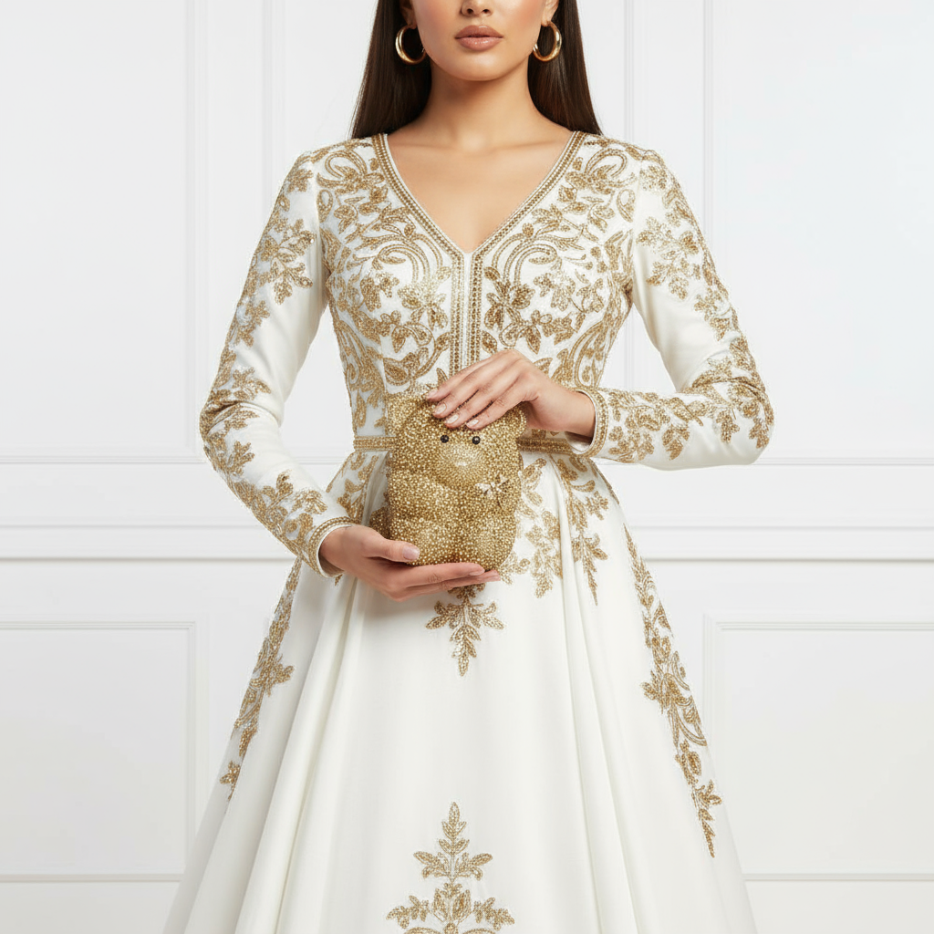 Woman wearing a white dress with gold embroidery holding a matching teddy bear crystal clutch against a white background