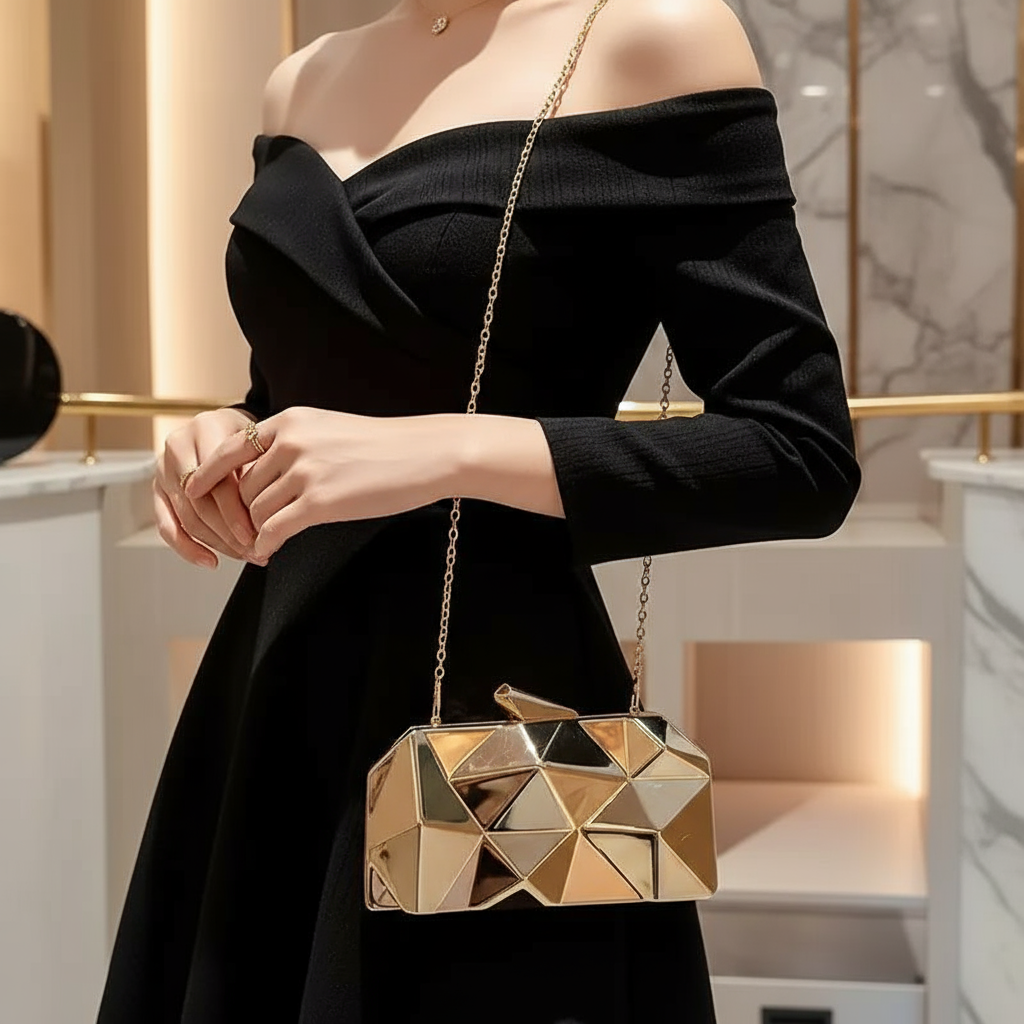 Model wearing the Baazuu Prism Aura acrylic clutch in gold. The modern box clutch features a 3D faceted design, perfect as a statement evening bag.