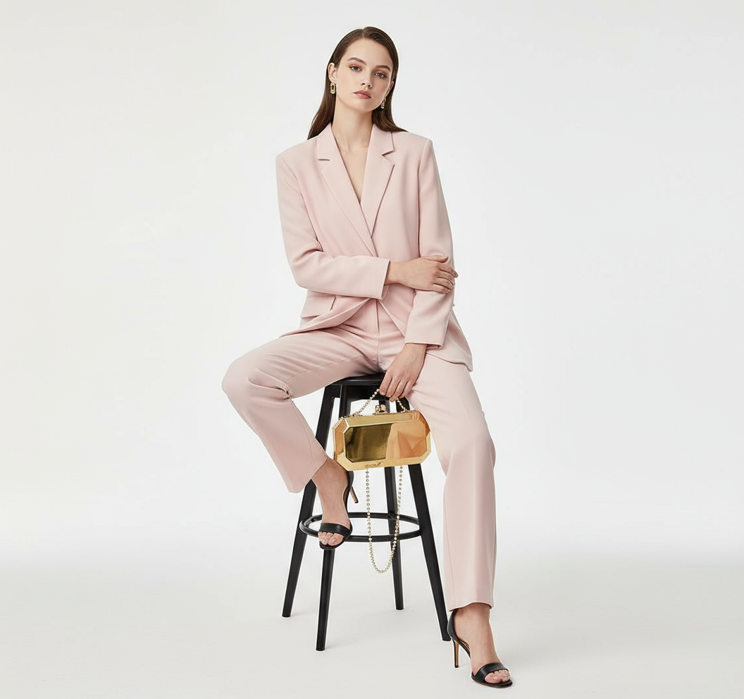 A woman in a pink pantsuit holding the Golden Phantom clutch. The geometric, metallic gold box clutch serves as a modern and luxurious statement accessory.

