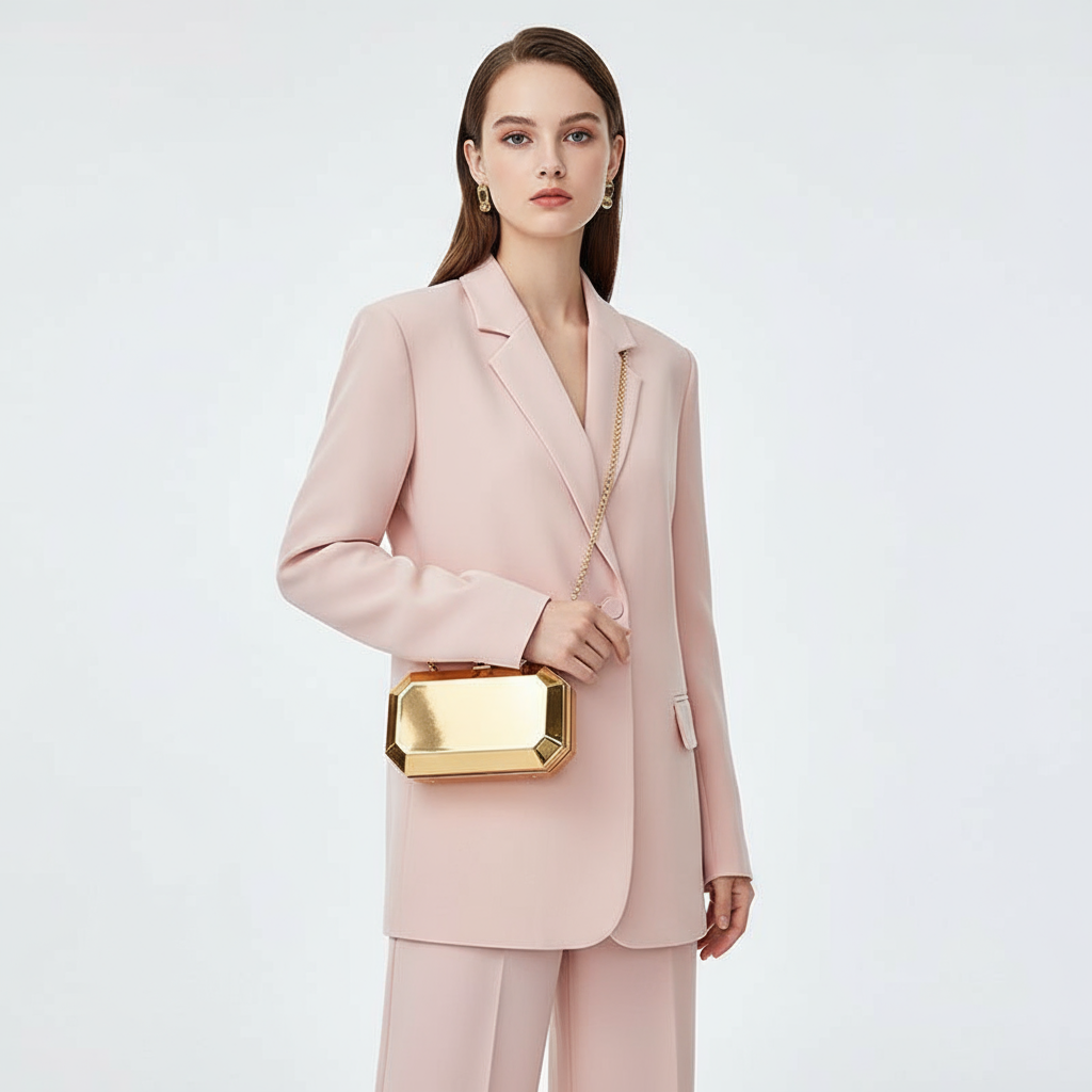 A woman in a pink pantsuit holding the Golden Phantom clutch. The geometric, metallic gold box clutch serves as a modern and luxurious statement accessory.

