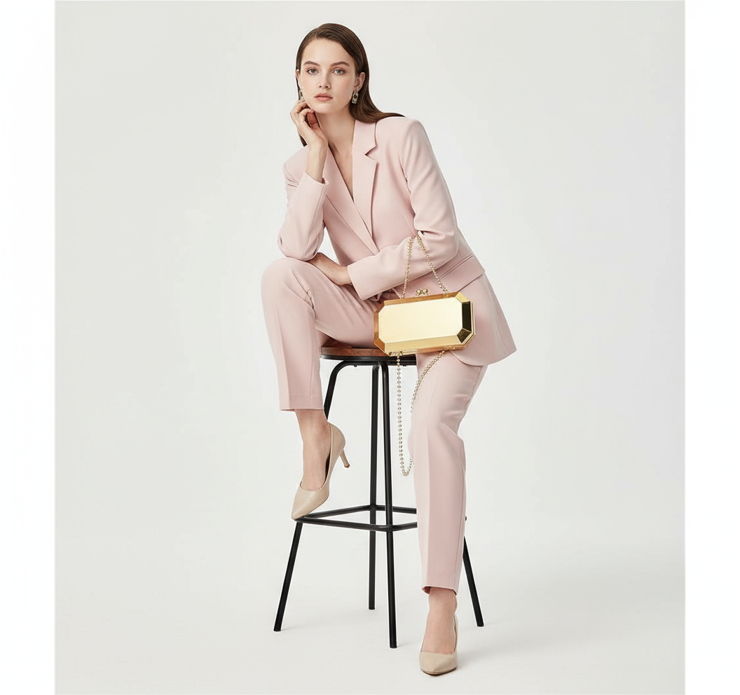 A woman in a pink pantsuit holding the Golden Phantom clutch. The geometric, metallic gold box clutch serves as a modern and luxurious statement accessory.

