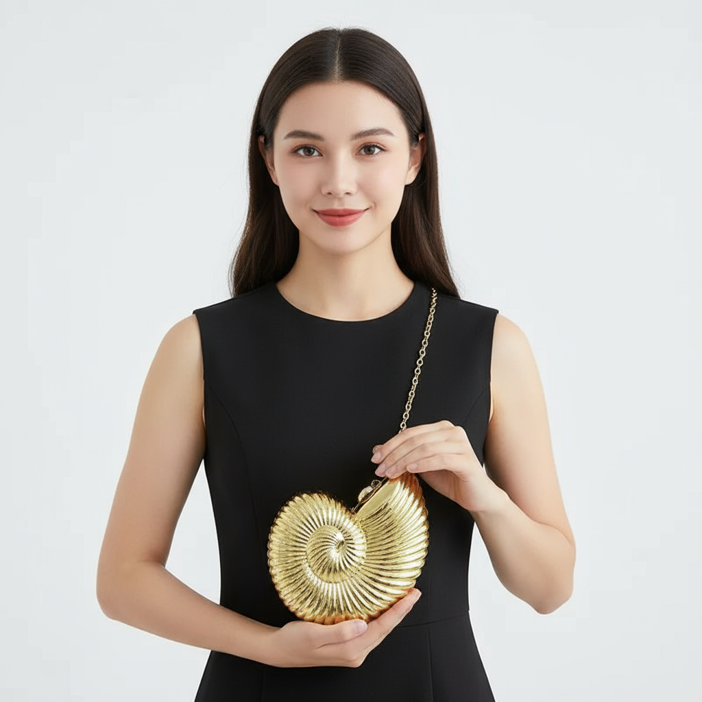 A woman in a black dress holding the gold Auréelle conch bag. The unique, shell-shaped handbag serves as a chic, artistic accessory.