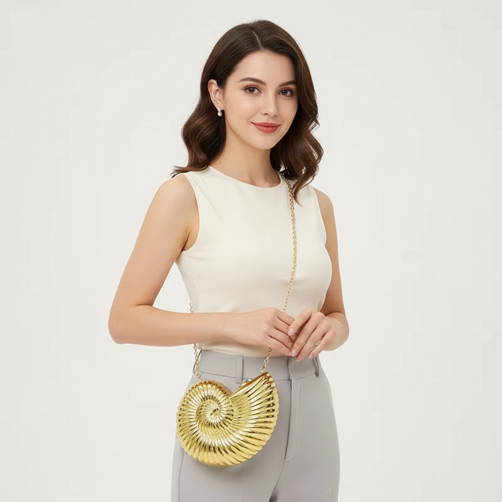 A woman in a white t shirt and grey trouser wearing the gold Auréelle conch bag. The unique, shell-shaped handbag serves as a chic, artistic accessory.