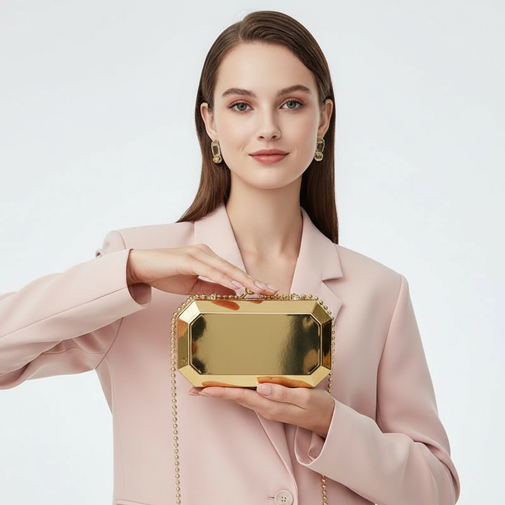 A woman in a pink pantsuit holding the Golden Phantom clutch. The geometric, metallic gold box clutch serves as a modern and luxurious statement accessory.