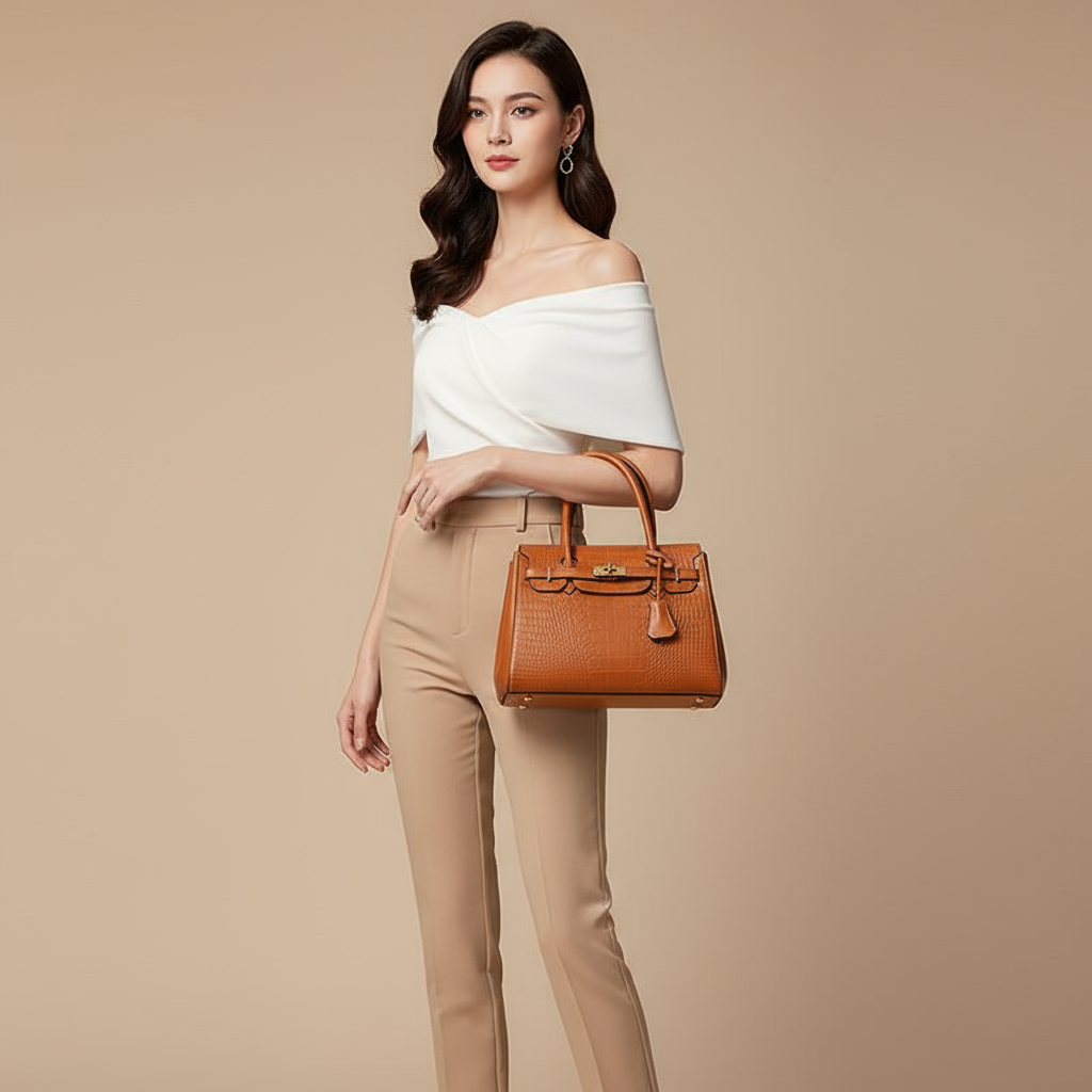 Woman holding a brown handbag with crocodile leather pattern against a beige background
