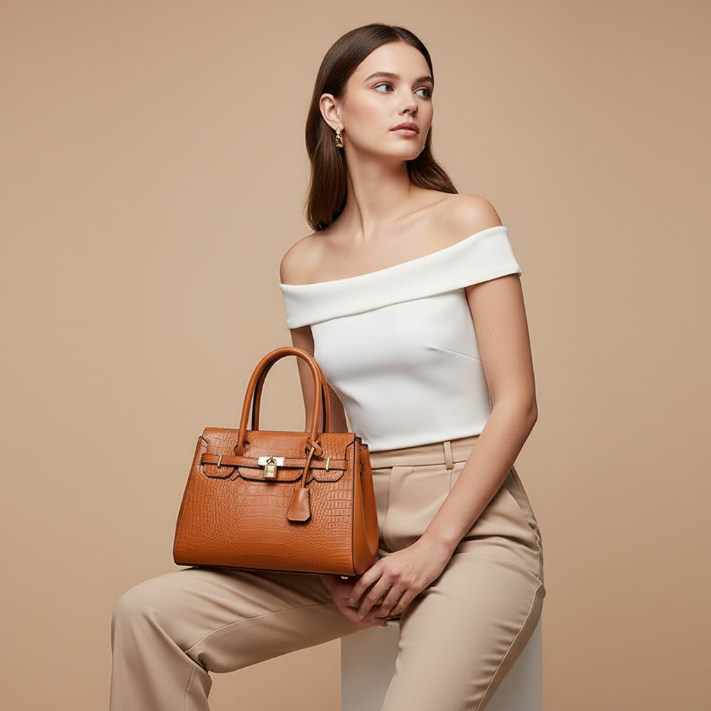 Woman holding a brown handbag with crocodile leather pattern against a beige background