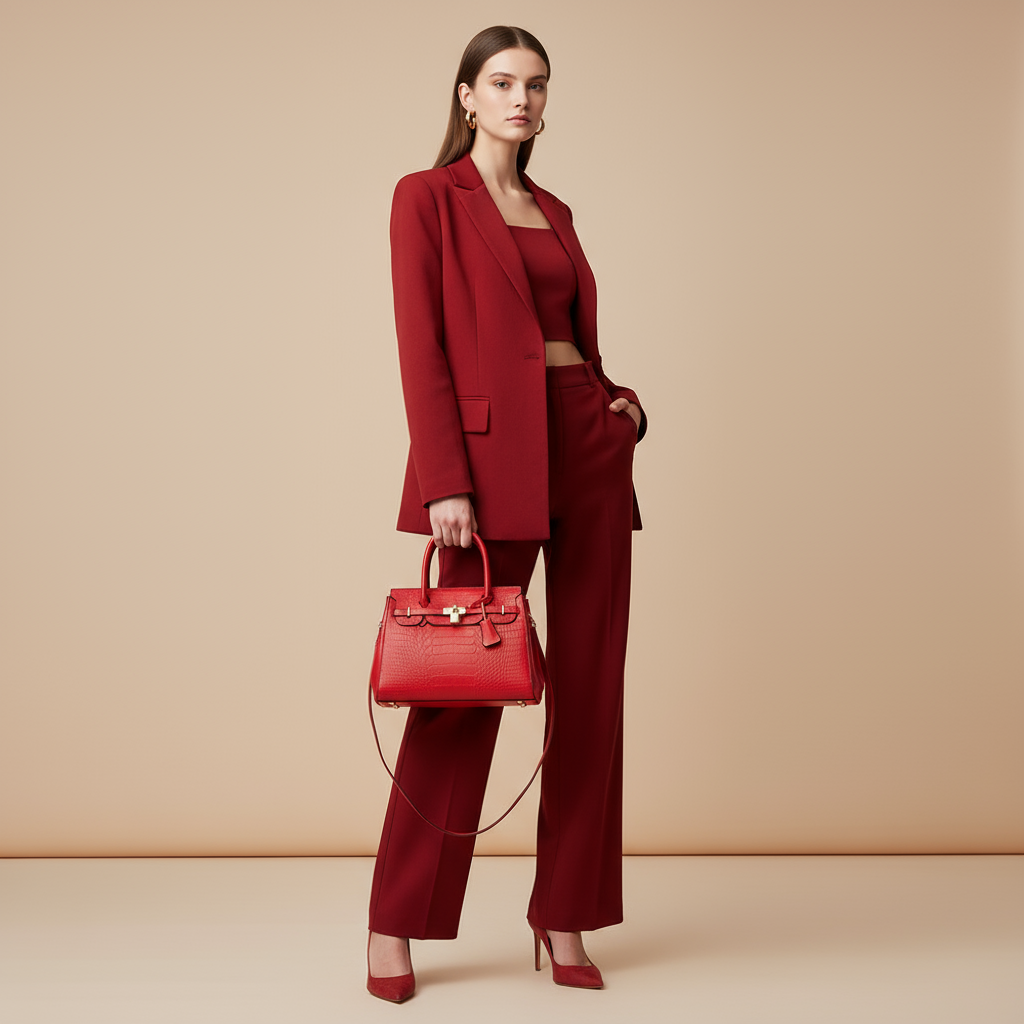 Woman in a red suit holding a matching red handbag against a beige background